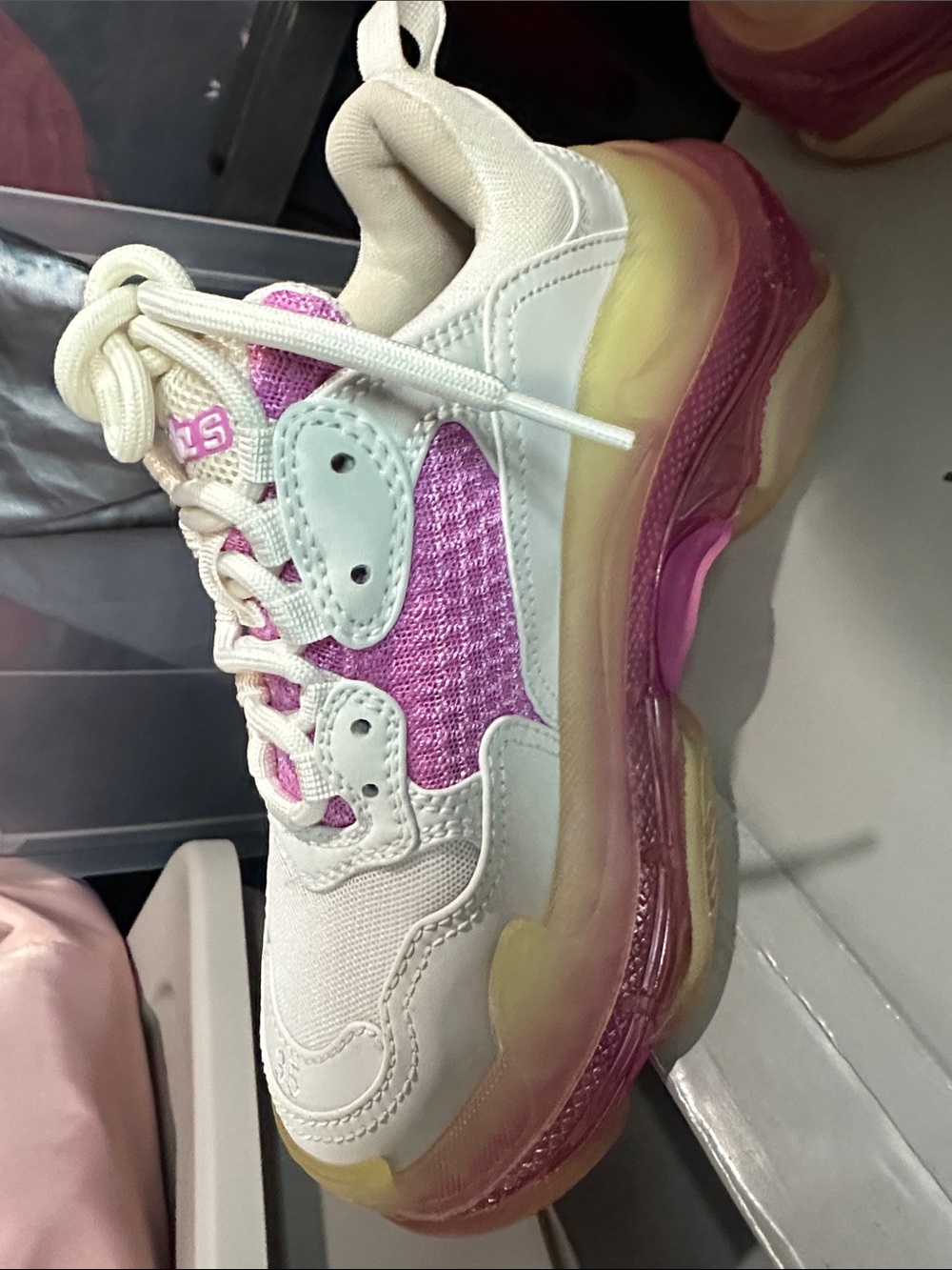 Balenciaga White and Pink Triple S Chunky Sneakers - Picture 6 of 16